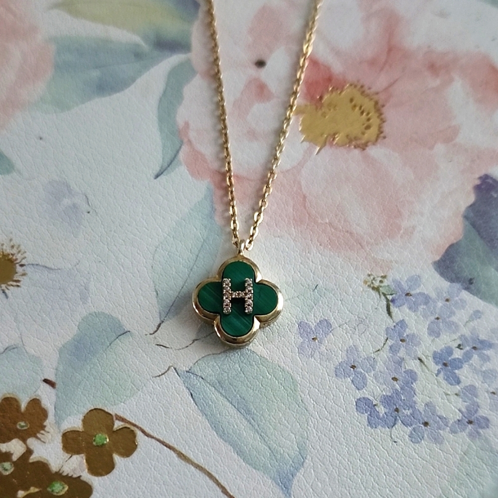New 14k Gold Filled Malachite Inital H Necklace